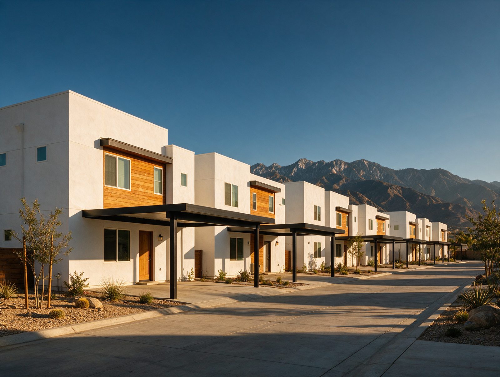 Casas nuevas de dos pisos en un desarrollo, con la sierra al fondo al atardecer